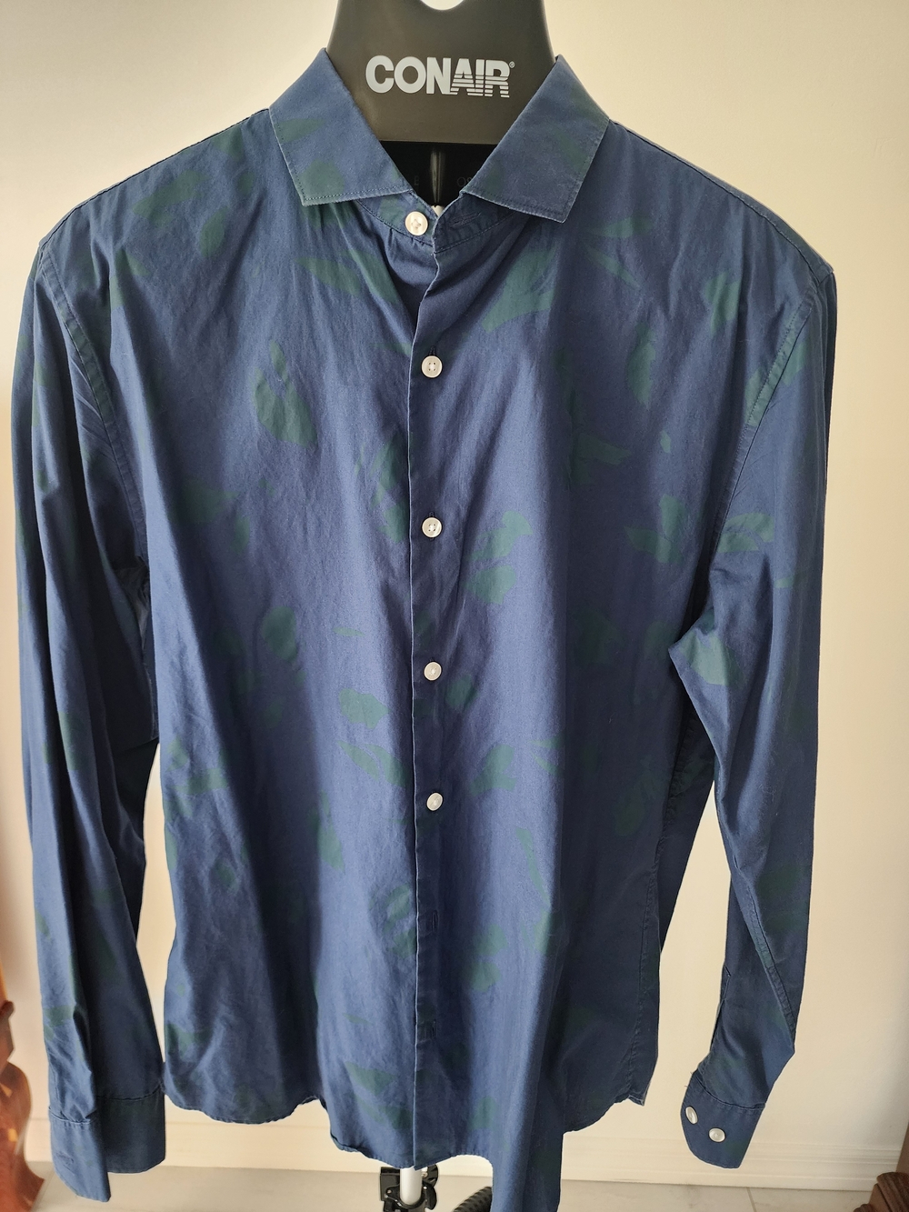 Bonobos Navy Button-Down Shirt with Subtle Green Pattern